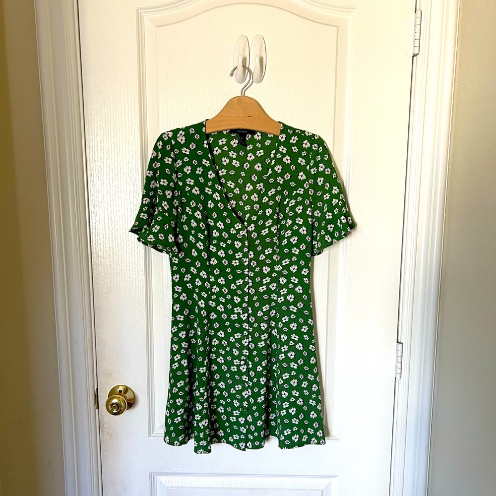 Forever 21 Green Floral Mini Flare Button Down Dress - Sz S